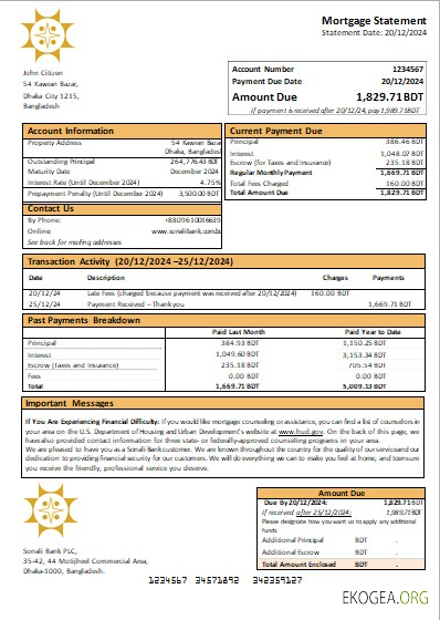 Bangladesh Sonali Bank relevé hypothécaire scr